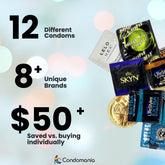 An image displaying the Mystery Condom Sampler (12-Pack) with text emphasizing: "12 Varied Condoms, Over 8 Unique Brands, Save $50+ Compared to Individual Purchases." Features a diverse selection of flavored condoms. The Condomania logo is elegantly placed at the bottom against a gentle bokeh background.